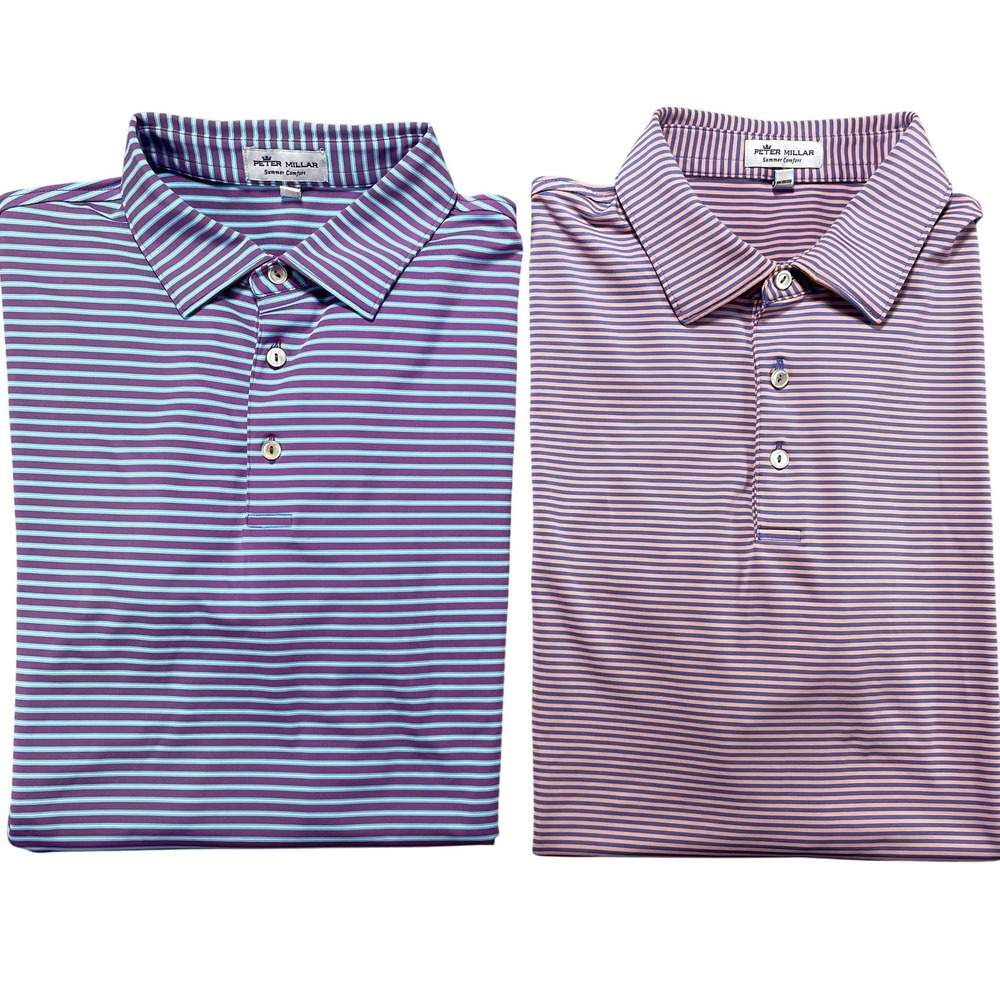 Peter Millar Polo Shirt Mens Large Purple Stripe Summer Comfort Transmiss Golf